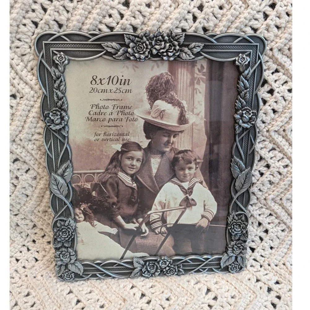 Vintage Style Pewter Rose Vine Metal Photo Frame 8x10 Ornate Victorian Floral